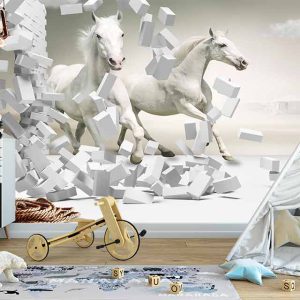 پوستر دیواری طرح سه بعدی اسب های سفید