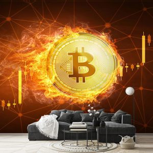 کاغذ دیواری سه بعدی طرح بیت کوین طلایی