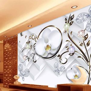 کاغذ دیواری سه بعدی شاخه و پروانه های نگینی