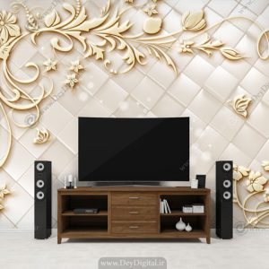 پوستر دیواری پشت تلویزیون گل خطی کرمی BA-9049