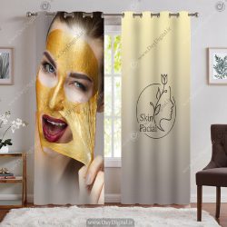 پرده چاپی برای اتاق فیشیال طرح ماسک طلایی روی صورت خانم