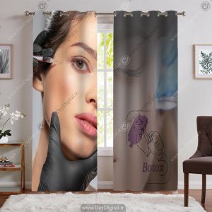 پرده چاپی برای سالن بوتاکس طرح چهره خانم در حال زدن بوتاکس