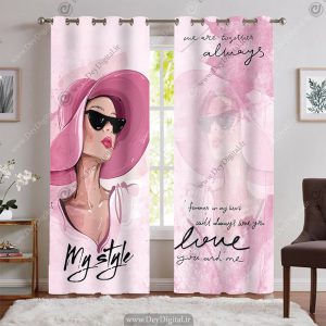 پرده پانچی دخترانه طرح چهره زن کلاهی رنگ صورتی