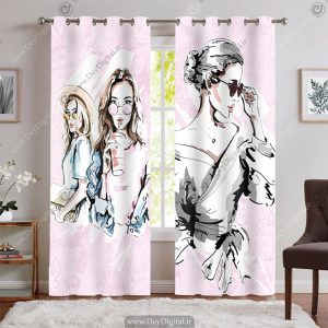 پرده چاپی طرح آبرنگی از خانم های زیبا با زمینه صورتی