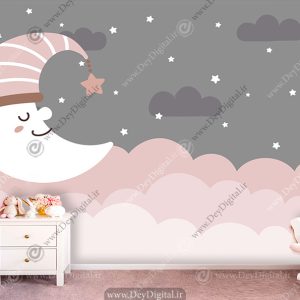 پوستر سه بعدی برای اتاق کودک مدل ماه و ستاره با زمینه طوسی