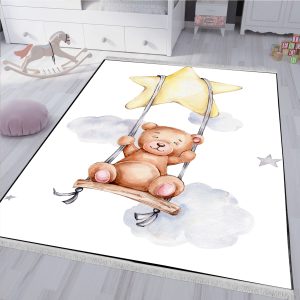 فرشینه طرح عروسک تدی با ابر و ستاره با زمینه روشن