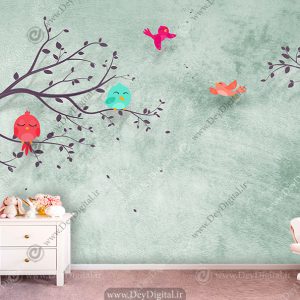 کاغذ دیواری طرح سه بعدی پرنده و درخت