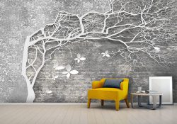 پوستر دیواری سه بعدی درخت خمیده با پروانه ها