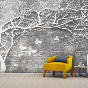 پوستر دیواری سه بعدی درخت خمیده با پروانه ها