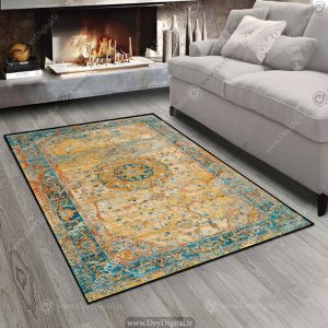 فرش زیبای وینتیج طلایی فیروزه ای