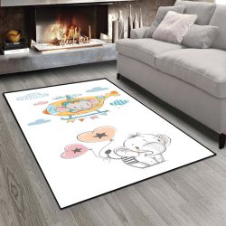 فرش اتاق نوزاد طرح فیل در بالگرد زمینه سفید