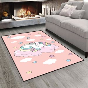 فرش چاپی طرح یونیکورن سوار بر ابر زمینه صورتی