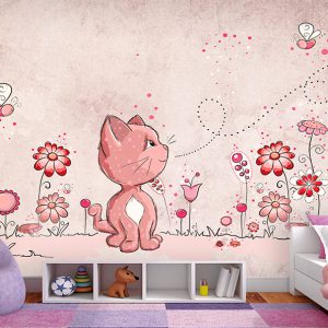 پوستر دیواری کودک طرح گربه عروسکی ملوس با گل های صورتی