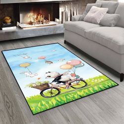 فرش چاپی طرح تخیلی پاندا سوار بر دوچرخه مناسب اتاق نوزاد
