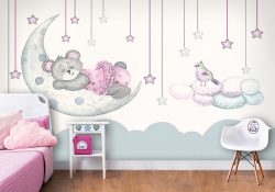 پوستر دیواری اتاق نوزاد طرح خرس خوابالو روی ماه با ستاره ها