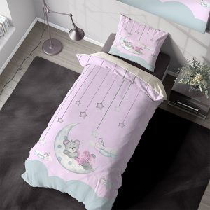 روتختی اتاق کودک طرح خرسی صورتی با ماه و ستاره