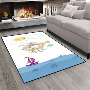فرشینه طرح نقاشی کودکانه فیل در هلی کوپتر و دریا