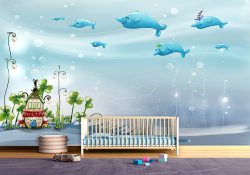 پوستر دیواری اتاق کودک طرح دلفین های آبی