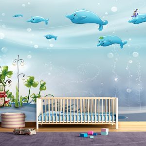 پوستر دیواری اتاق کودک طرح دلفین های آبی