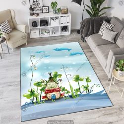 فرش چاپی طرح کودکانه خانه دریایی و ماهی