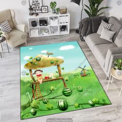 فرش چاپی طرح بچگانه دختر و مزرعه هندوانه