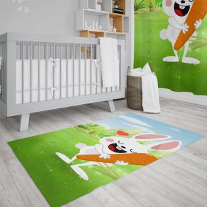 فرشینه اتاق نوزاد طرح خرگوش و هویج و طبیعت سبز