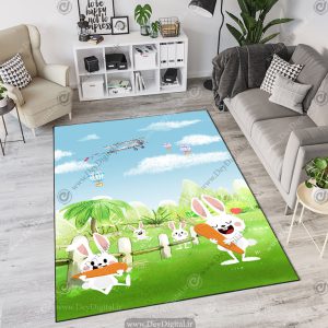 فرش چاپی طرح عروسکی خرگوش ها و مزرعه سرسبز