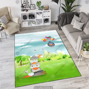 فرش چاپی طرح عروسکی کلاغ ها و بادکنک های رنگی