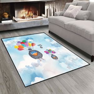 فرش چاپی طرح کلاغ ها و بادکنک ها رنگارنگ در آسمان