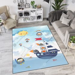 فرش چاپی طرح کودکانه کلاغ و کشتی و خورشید
