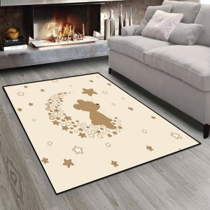 فرش چاپی طرح عروسکی خرسی نشسته روی هلال ماه و زمینه ستاره دار