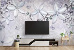 کاغذ دیواری پشت تلویزیون سه بعدی پروانه و گل