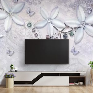 کاغذ دیواری پشت تلویزیون سه بعدی پروانه و گل