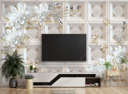 پوستر دیواری پشت تلویزیون سه بعدی گل سفید DS-1003