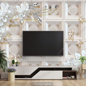 پوستر دیواری پشت تلویزیون سه بعدی گل سفید DS-1003