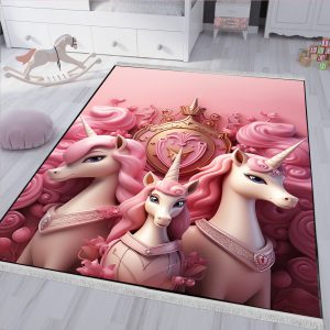 فرشینه چاپی طرح سه تک شاخ با موهای صورتی