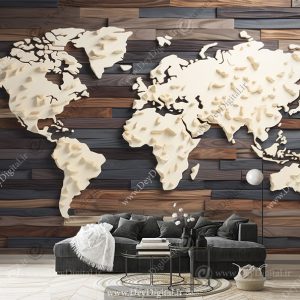 پوستر سه بعدی طرح نقشه جهان با زمینه تیره
