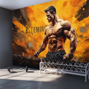 کاغذ دیواری سه بعدی ورزشکار بادی کلاسیک حرفه ای با زمینه نارنجی
