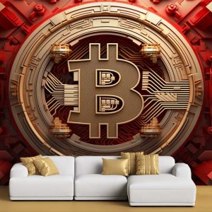 پوستر سه بعدی بیتکوین رنگ قرمز طلایی برای آموزشگاه ارز دیجیتال