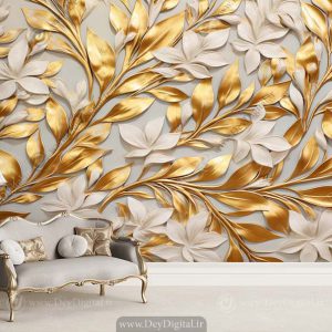 پوستر دیواری سه بعدی طرح برگهای طلایی و سفید با زمینه روشن