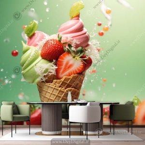 پوستر دیواری سه بعدی برای بستنی فروشی طرح بستنی و توت فرنگی