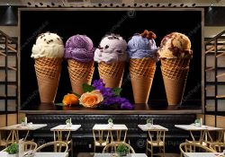 پوستر سه بعدی بستنی فروشی طرح انواع بستنی قیفی با طعم های متفاوت