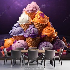 کاغذ دیواری سه بعدی طرح انواع بستنی پرتقالی و وانیلی و بلوبری