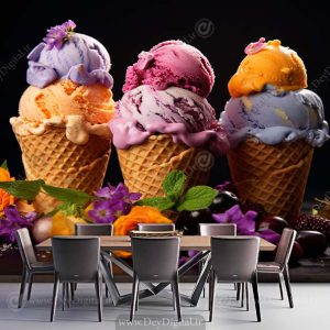 کاغذ دیواری سه بعدی مدل بستنی قیفی و گل رز نارنجی
