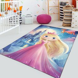 فرش چاپی طرح پرنسس و اژدها با زمینه قلعه