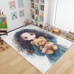 فرش چاپی دخترانه طرح دخترک مو مشکی با عروسک تدی