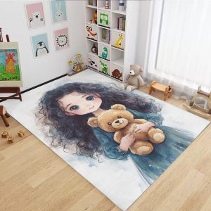فرش چاپی دخترانه طرح دخترک مو مشکی با عروسک تدی