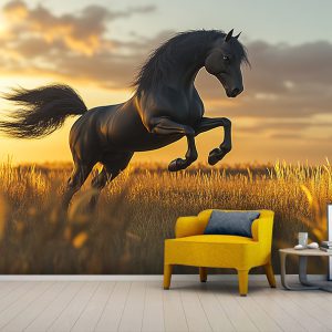 پوستر دیواری طرح اسب سیاه در مزرعه گندم