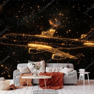 کاغذ دیواری سه بعدی هواپیما در آسمان پر ستاره