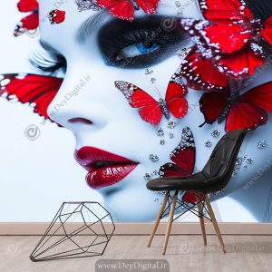 پوستر دیواری چهره و پروانه های قرمز